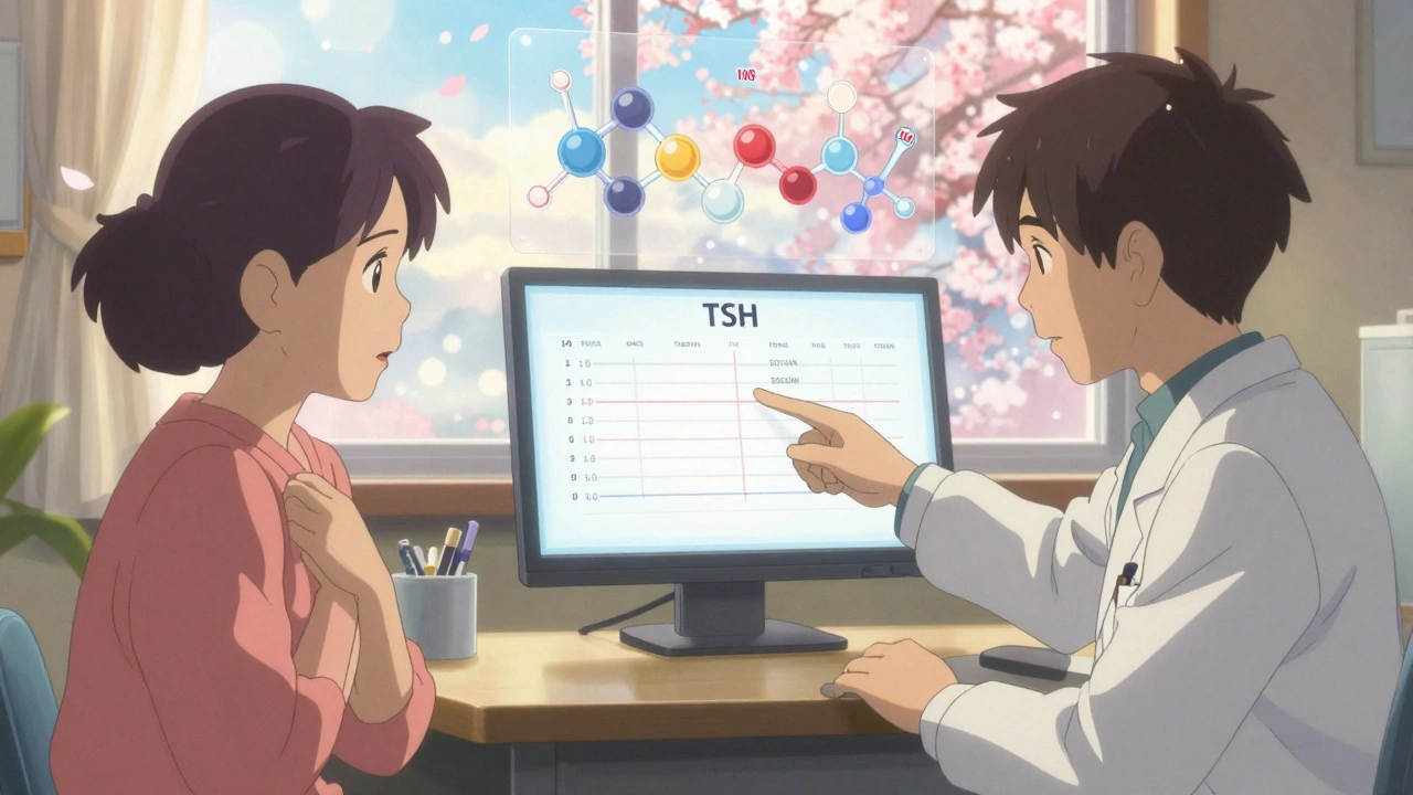 Un médecin montre un résultat de sang à un patient dans un bureau ensoleillé, des structures moléculaires flottent en arrière-plan.