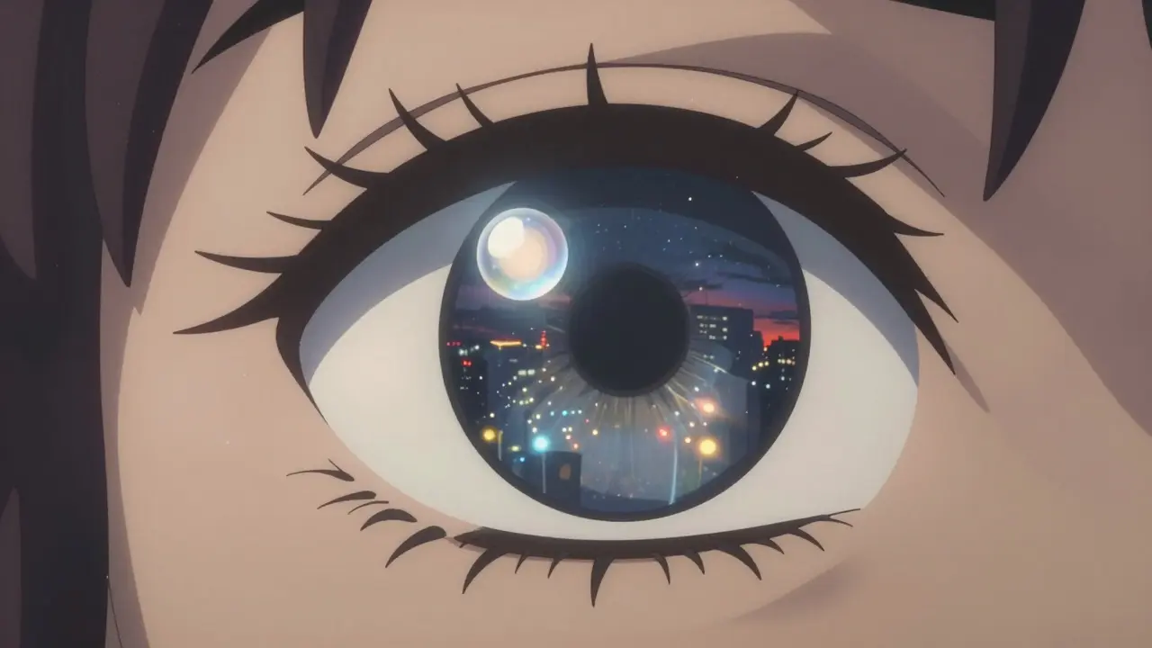 Un œil reflète un ciel nocturne avec une minuscule lentille flottante au-dessus de l'iris, illuminée par des lumières de ville.