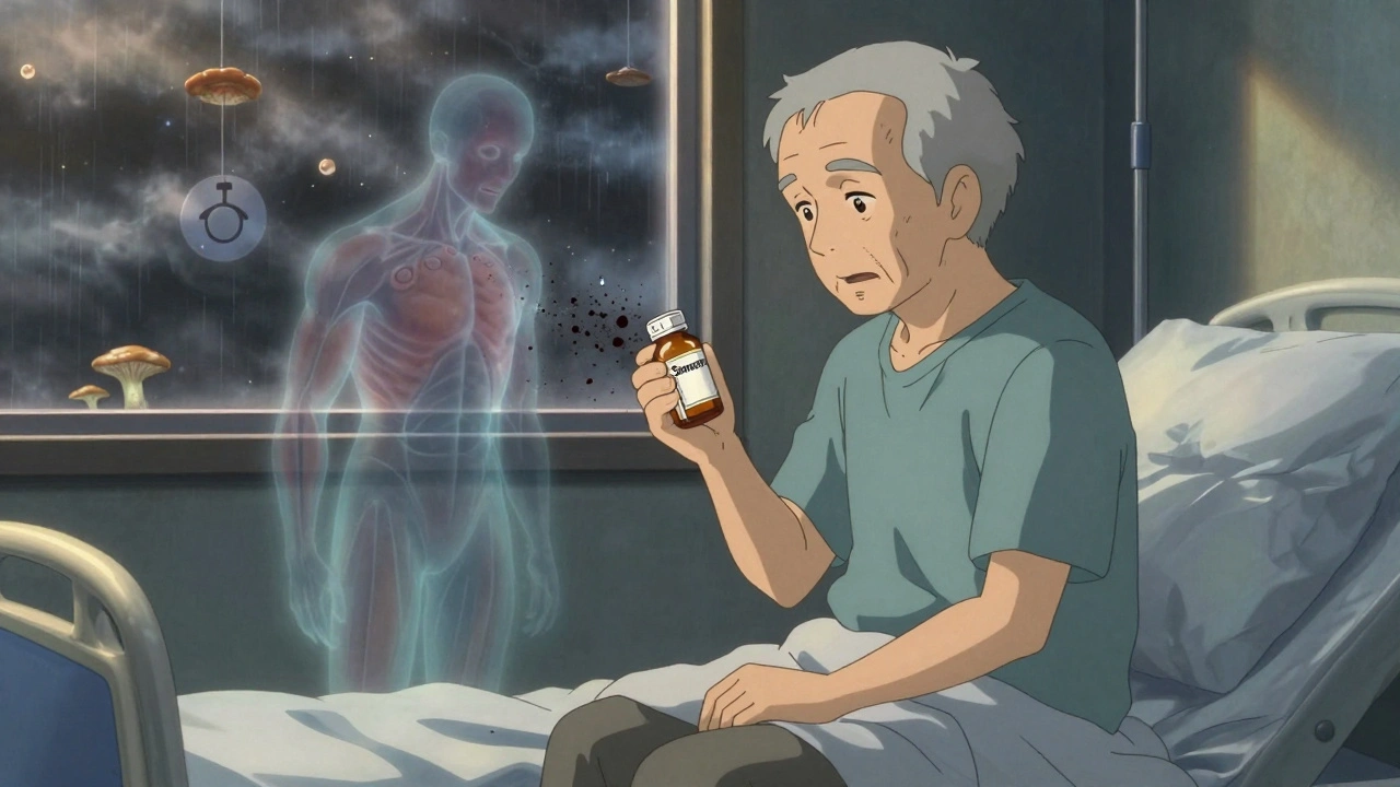 Un patient âgé regardant une statine dangereuse tandis que ses fibres musculaires se décomposent en ombres, derrière une fenêtre orageuse.