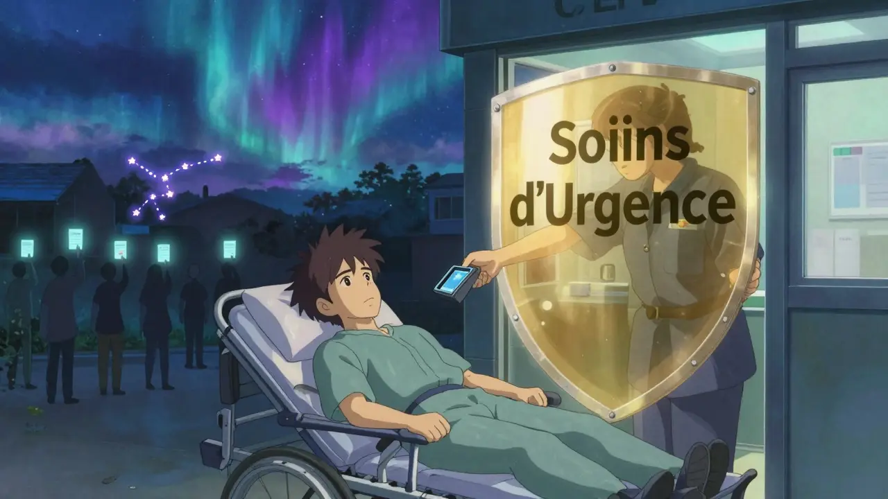 Un patient en urgence transporté dans un hôpital, bloqué par une barrière dorée protégeant son droit aux soins.