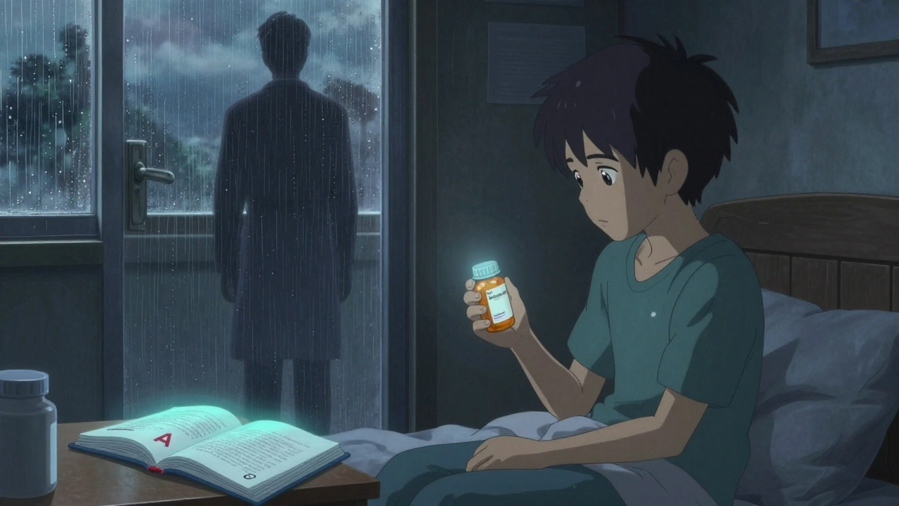 Un patient épileptique tient un médicament de marque dans sa chambre, tandis qu&#039;un livre orange lumineux repose sur la table de nuit.