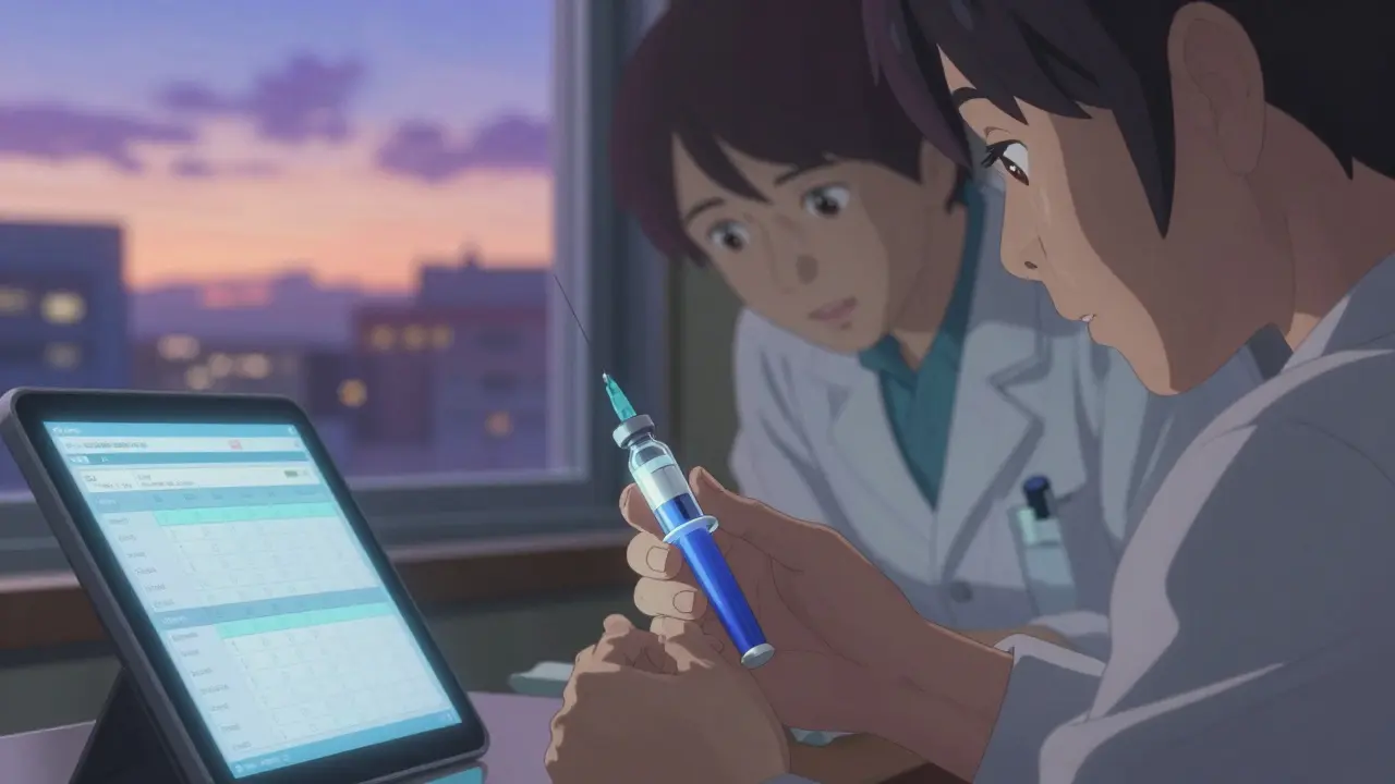 Un patient examine une seringue d'insuline à côté d'un stylo habituel, sous la lumière douce d'une tablette.