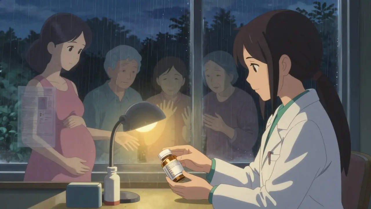 Un pharmacien remet un complément à une cliente, des silhouettes fantômes de patients en danger derrière eux.