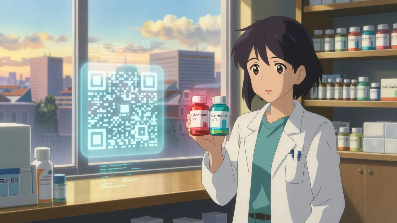 Un pharmacien tient deux flacons de génériques NTI dans une pharmacie française au crépuscule, avec un code QR flottant.