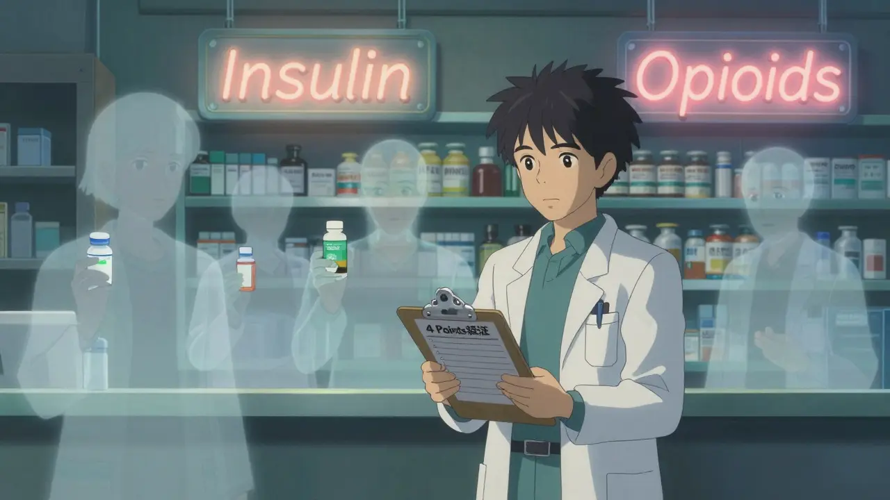 Un pharmacien tient une liste de vérification dans une pharmacie vide, entouré d'ombres flottantes de patients.