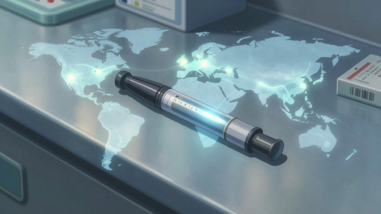 Un stylo d&#039;insuline avec un code sériel lumineux, entouré de trajectoires lumineuses de sa traçabilité.