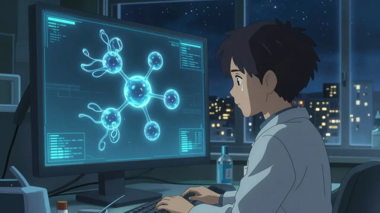 Un technicien observe une structure moléculaire lumineuse dans un laboratoire silencieux la nuit.