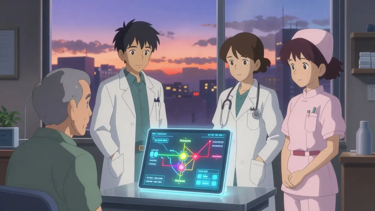 Une équipe médicale discute avec un patient autour d'une tablette affichant des interactions médicamenteuses en voie de résolution.