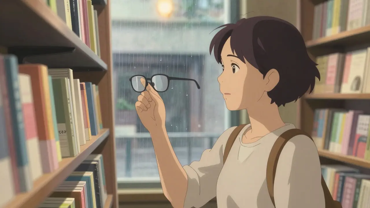 Une femme dans une librairie hésite devant des lunettes progressives, la pluie tombe doucement à la fenêtre.