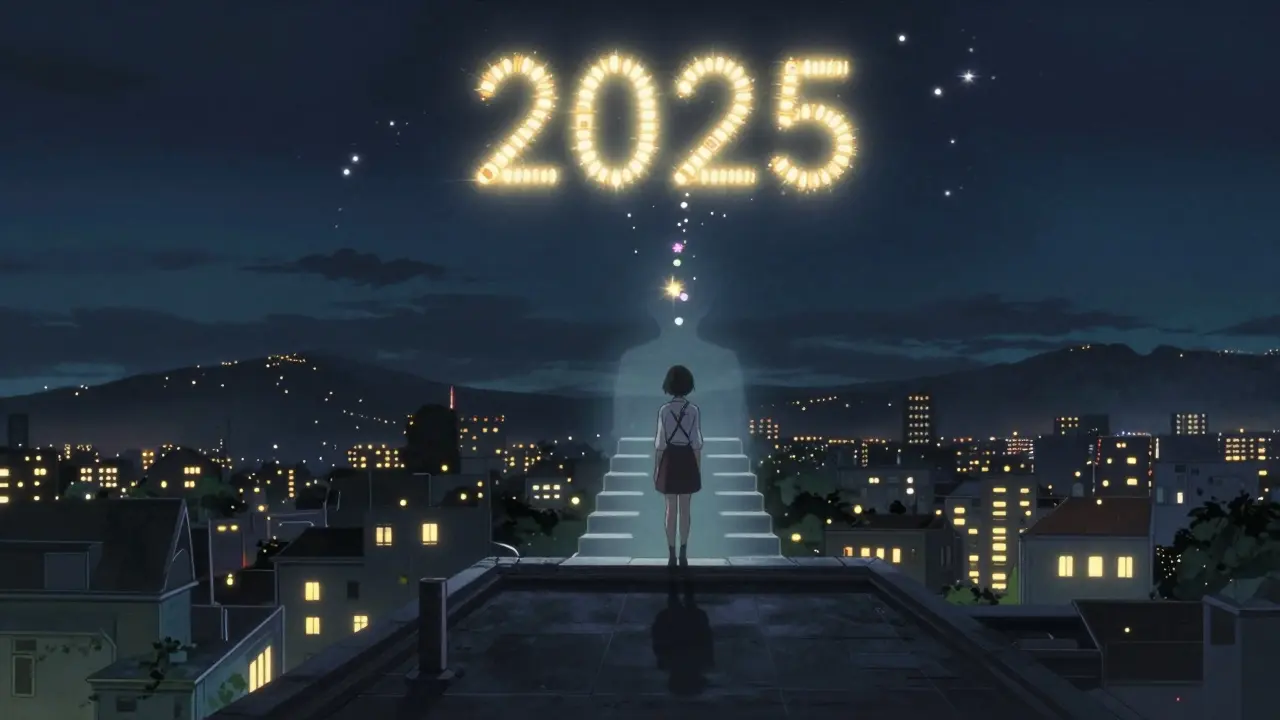 Une femme sur un toit la nuit, avec un plafond céleste affichant la limite de 2 000 $ en lumières brillantes, entourée de pilules qui s'élèvent comme des étoiles.