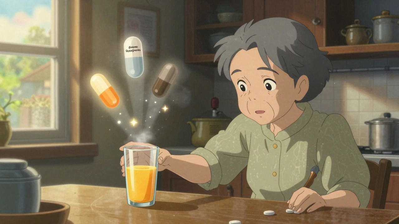 Une grand-mère dans la cuisine, sur le point de tomber, tandis que des comprimés dangereux disparaissent en cendres et des alternatives sûres brillent comme des étoiles.