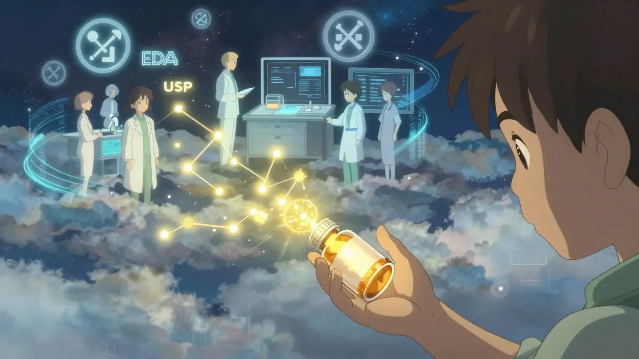 Une main d'enfant ouvre une boîte de médicaments, révélant des gardiens célestes de la santé.