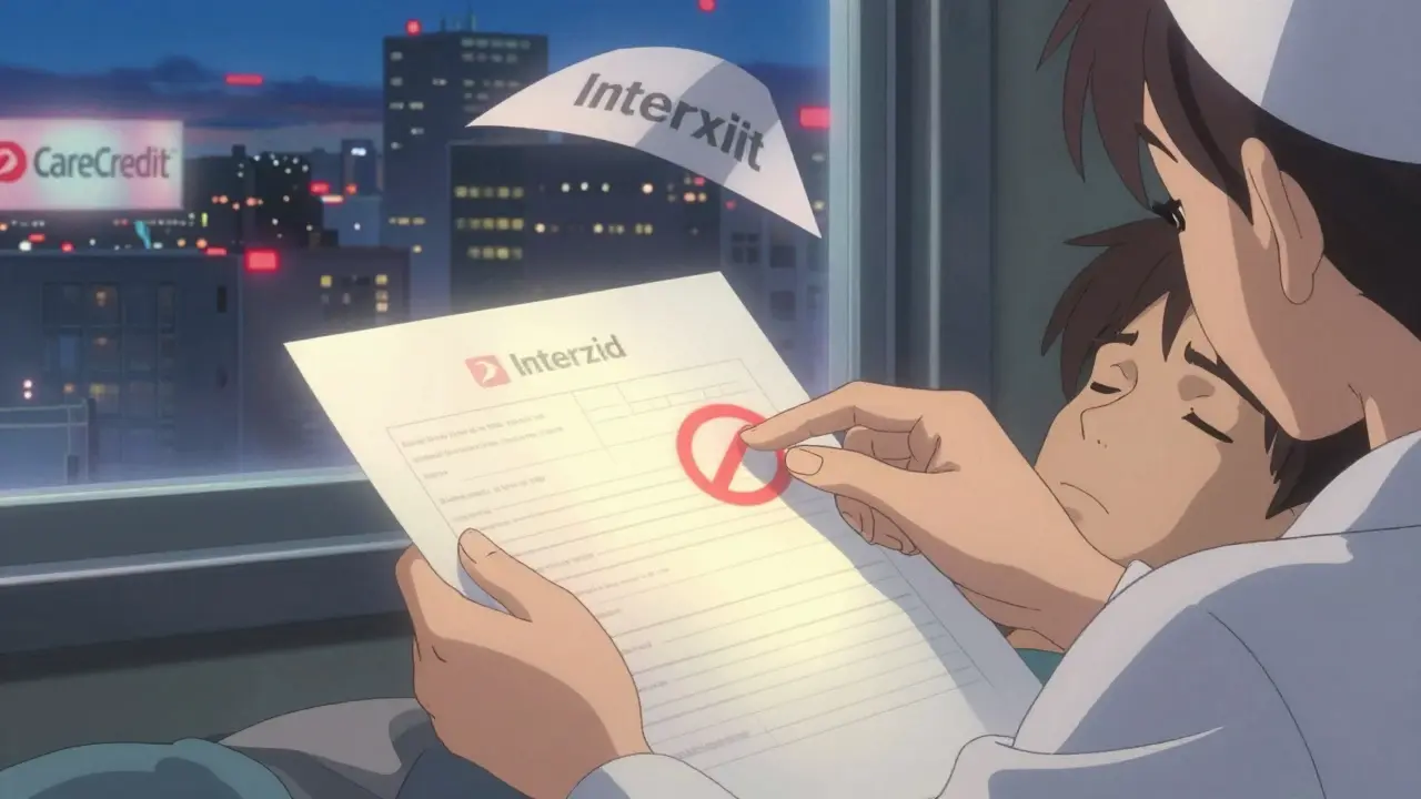 Une main d'infirmière arrêtée au-dessus d'un formulaire de financement médical, avec un symbole d'interdiction lumineux.