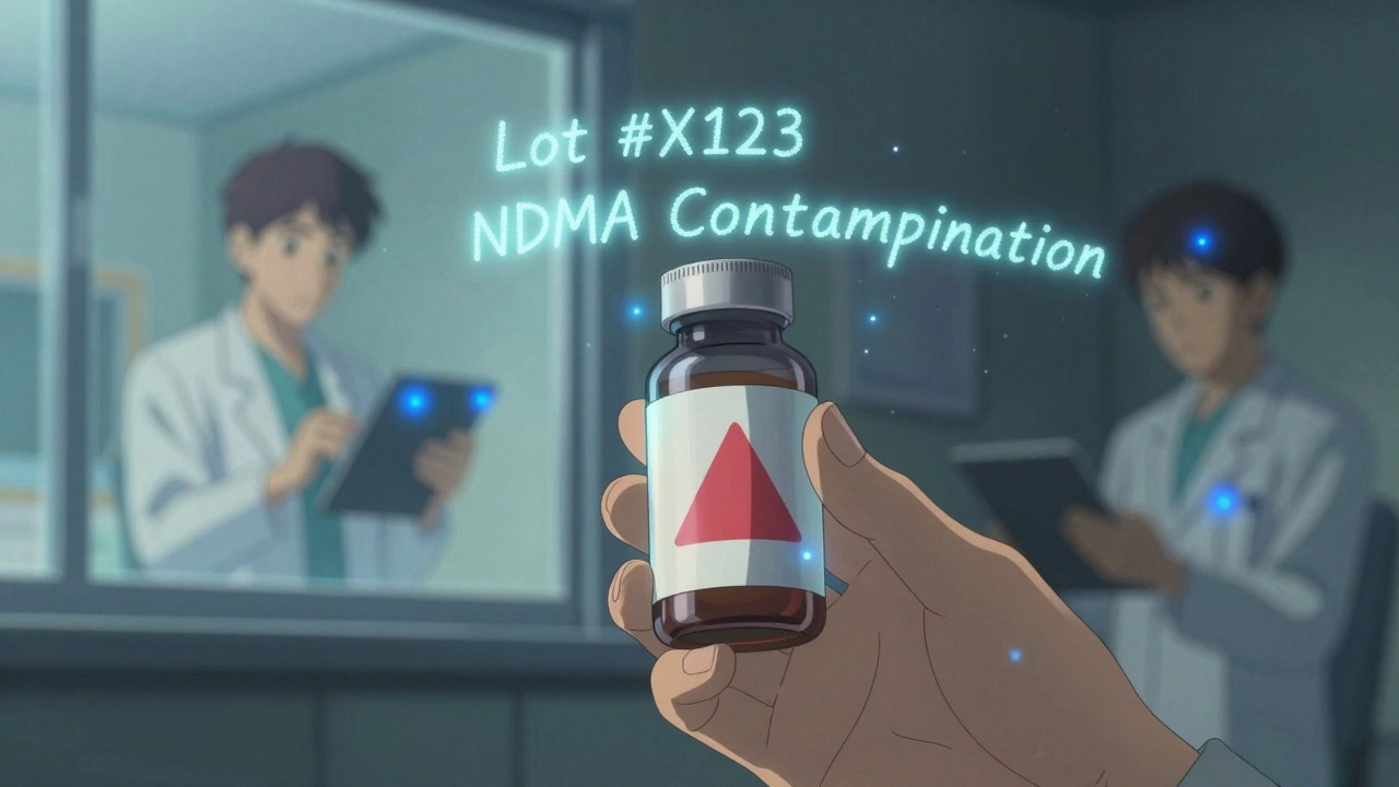 Une main tenant une bouteille de médicament avec des particules numériques formant un avertissement de contamination.