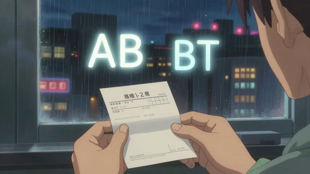 Une main tient une ordonnance, deux codes médicaux éthérés flottent dans l'air sous une pluie douce.