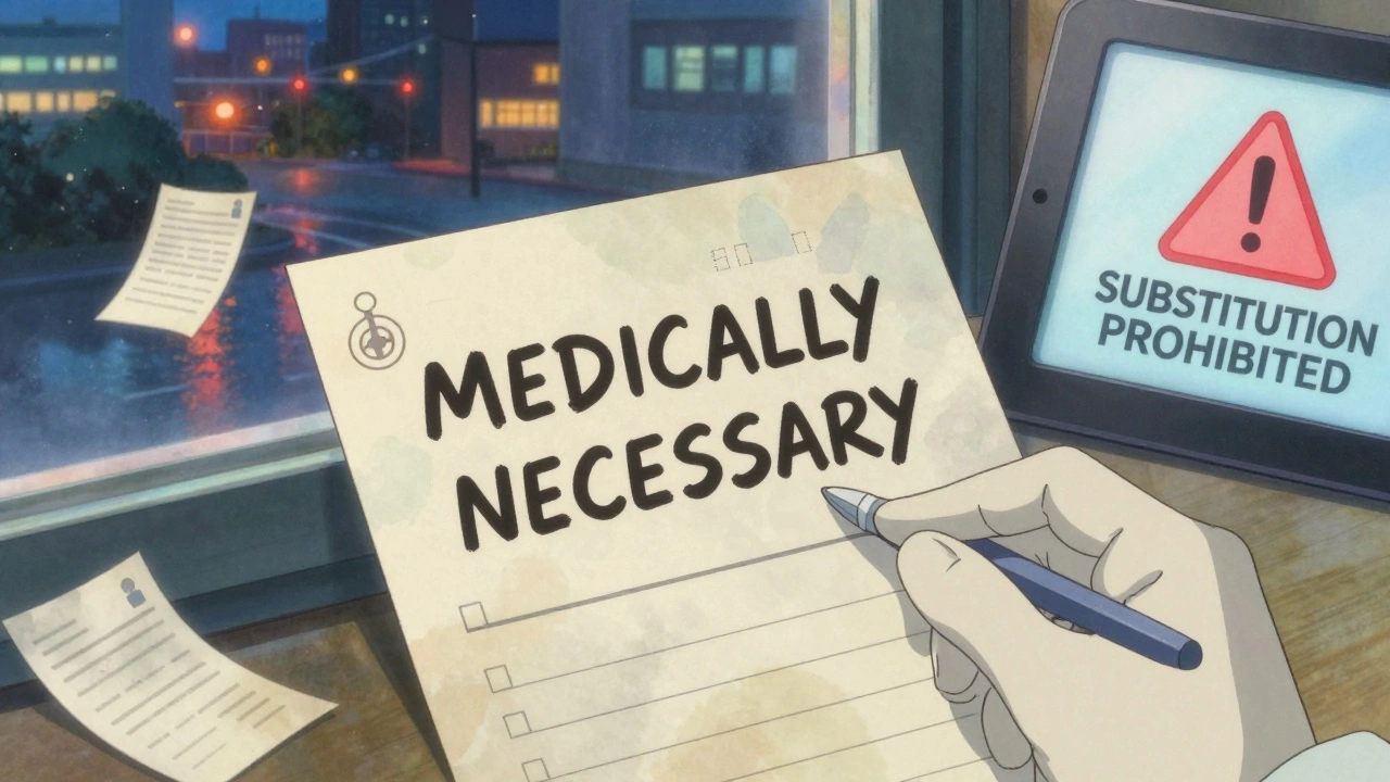 Une ordonnance manuscrite avec la mention &#039;MEDICALLY NECESSARY&#039; est posée sur un comptoir, entourée de symboles médicaux et de documents juridiques flottants.