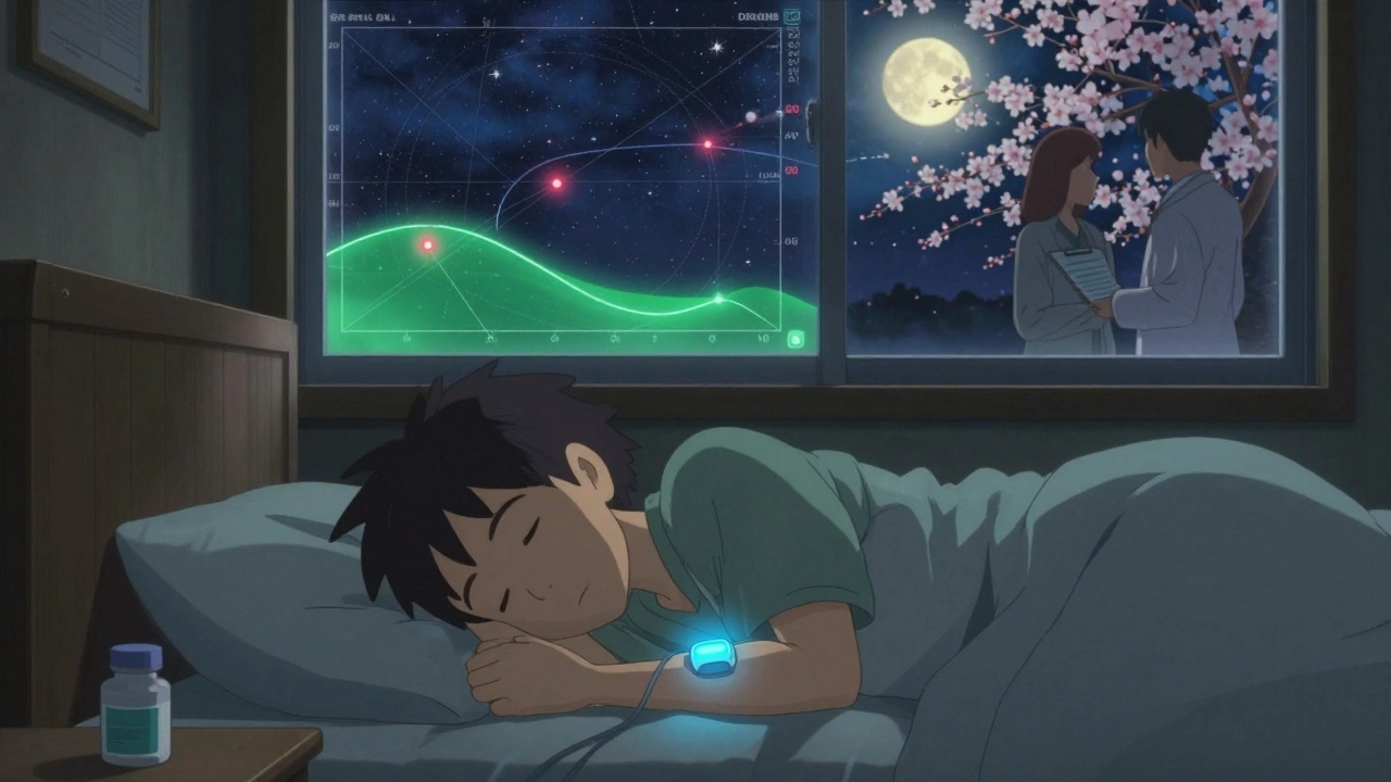 Une personne âgée endormie, un capteur de glycémie continu émettant une lueur bleue, avec un ciel étoilé de niveaux de sucre apaisants au-dessus d&#039;elle.