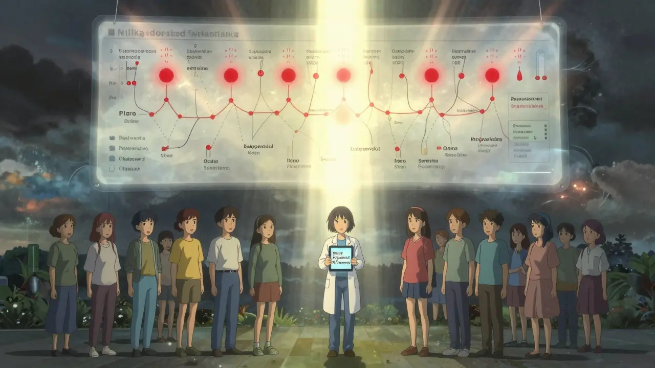 Des femmes sous un diagramme médical géant, des symboles d'avertissement brillent au-dessus de médicaments, la lumière perce les nuages.