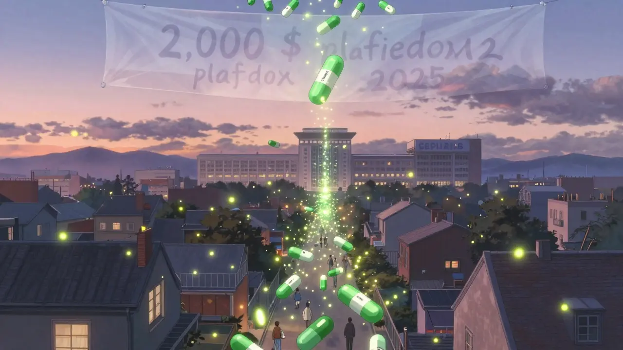 Des milliers de pilules génériques flottent comme des lucioles vers un bâtiment Medicare au lever du soleil.