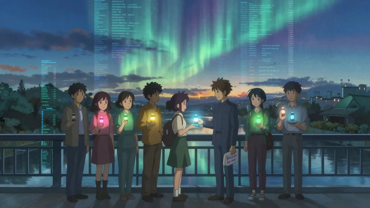 Des personnes sur un pont au lever du jour, tenant des médicaments qui émettent de la lumière.