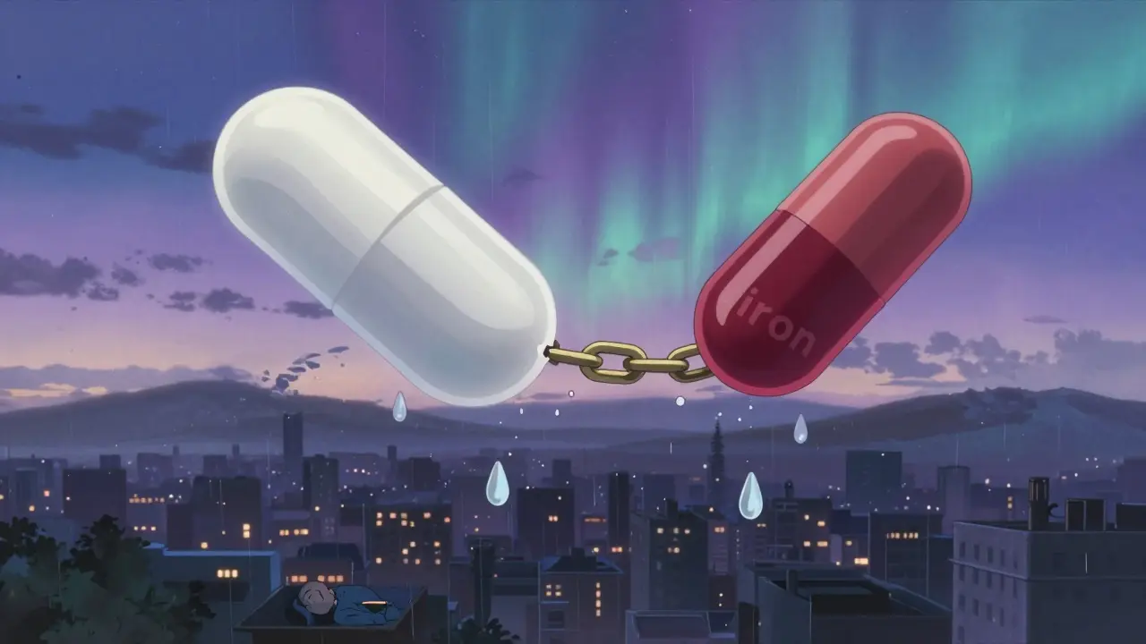 Deux comprimés flottant dans le ciel crépusculaire, chaîne dorée se brisant entre eux.