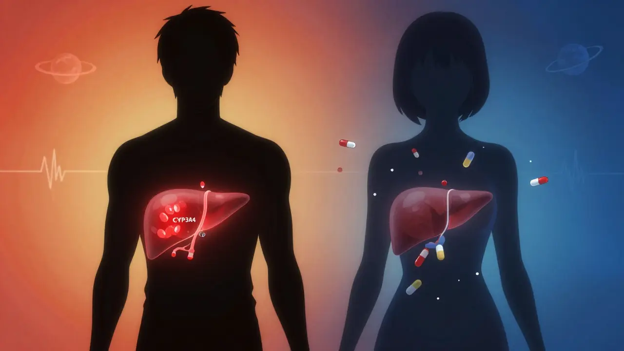 Deux silhouettes féminine et masculine avec des foies transparents, illustrant la différence de métabolisme des médicaments.