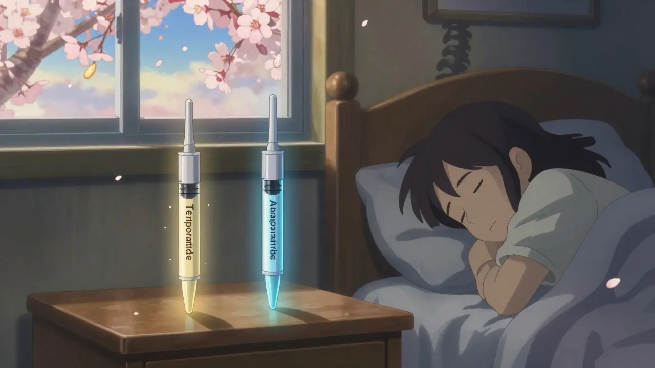 Deux stylos d'injection sur une table de nuit, l'un émettant une lueur dorée, l'autre bleue, avec une ombre de colonne vertébrale renforcée sur le mur.