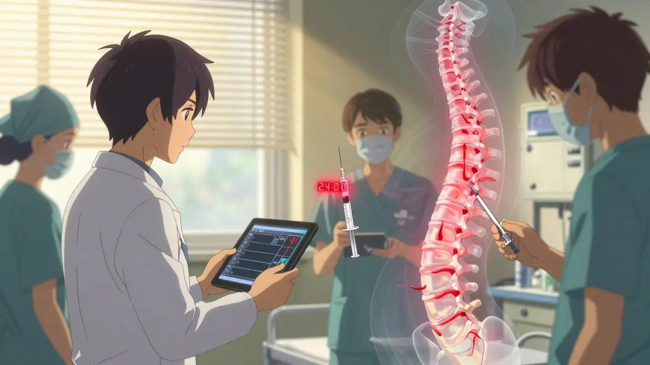 Équipe médicale vérifiant des niveaux d'anticoagulation, avec une représentation lumineuse de la moelle épinière et un compte à rebours numérique.