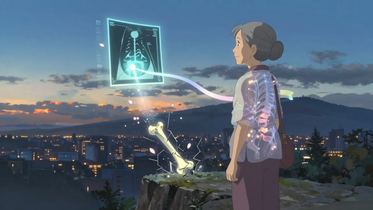 Femme âgée au bord d'une falaise, son hanches osseuses brillantes et renforcées, tandis qu'une fracture se désintègre en poussière.