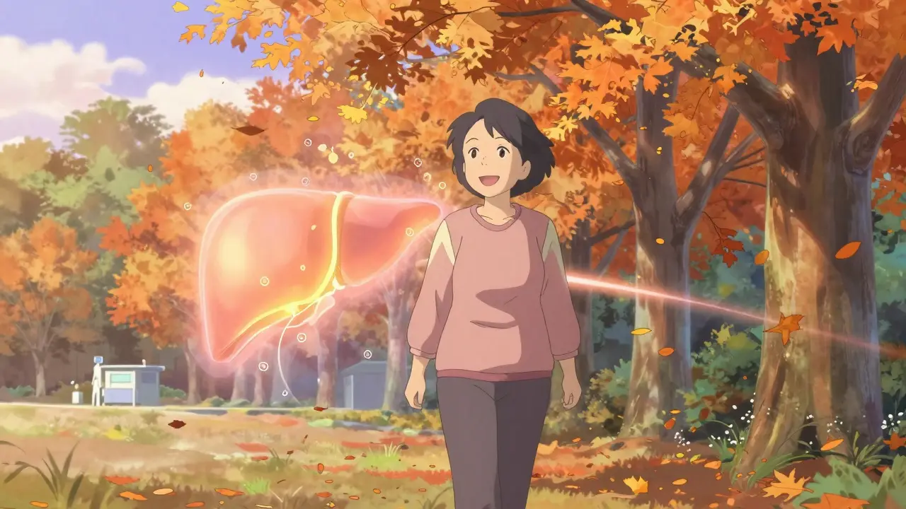 Femme âgée marchant dans un parc automnal, son foie translucent brille en sécurité, entouré de feuilles tombantes et de lumière douce.