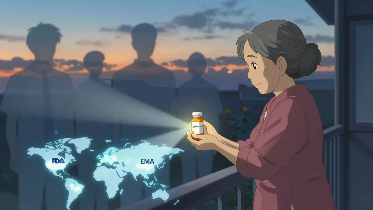 Femme âgée sur un balcon tenant une pilule, silhouettes floues de volontaires jeunes derrière elle.