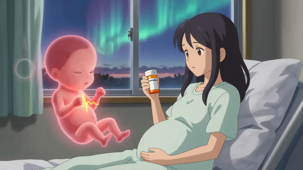 Femme enceinte au deuxième trimestre, entourée de représentations translucentes du fœtus avec des signes de fonctionnement vital.