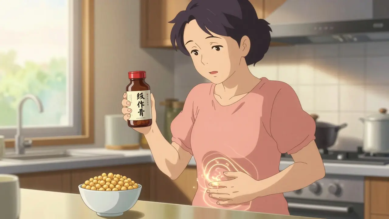 Femme hésitant entre Dong Quai et soja fermenté, auréoles de risques médicaux flottant autour d'elle.