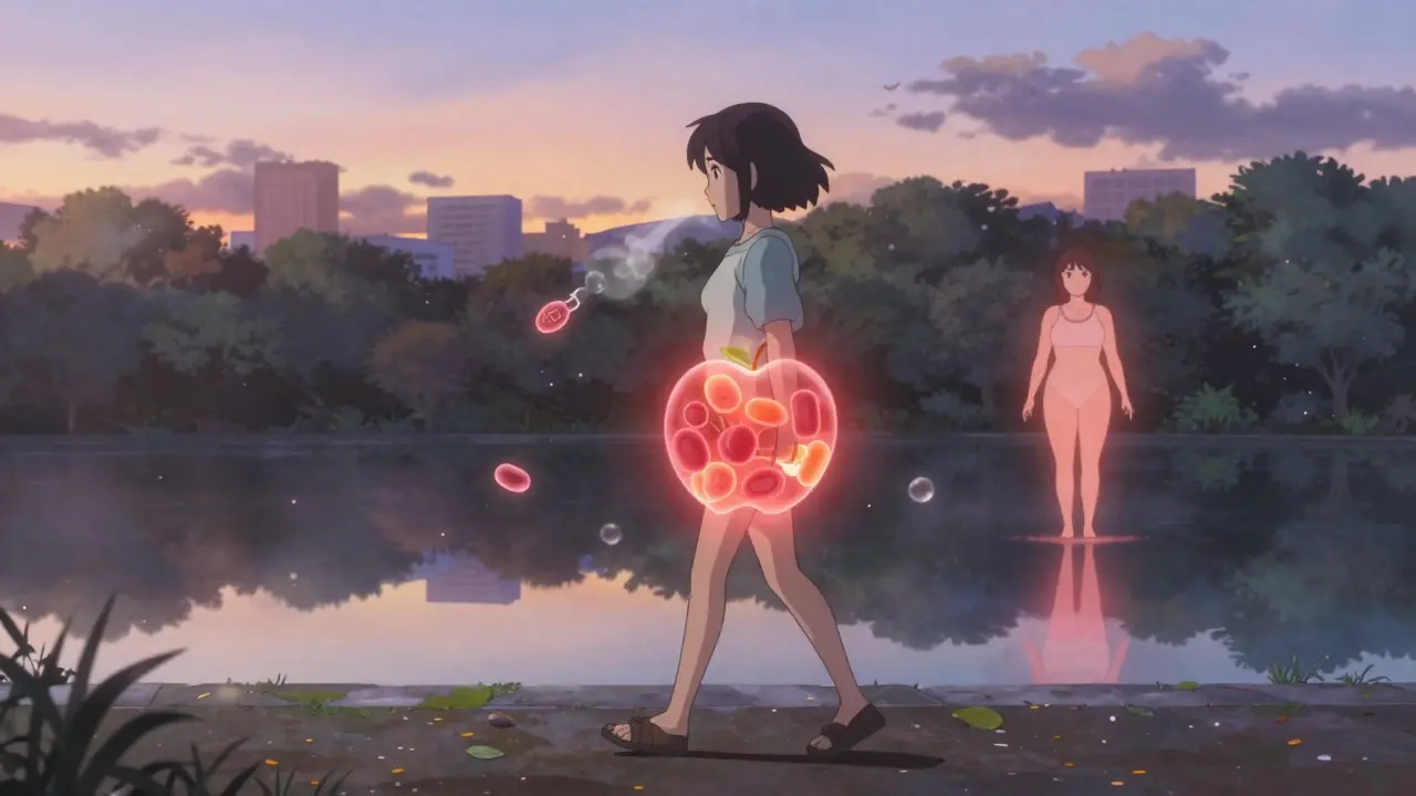 Femme marchant au petit matin dans un parc, des symboles de glucose et de graisse collés à sa taille en forme de pomme.