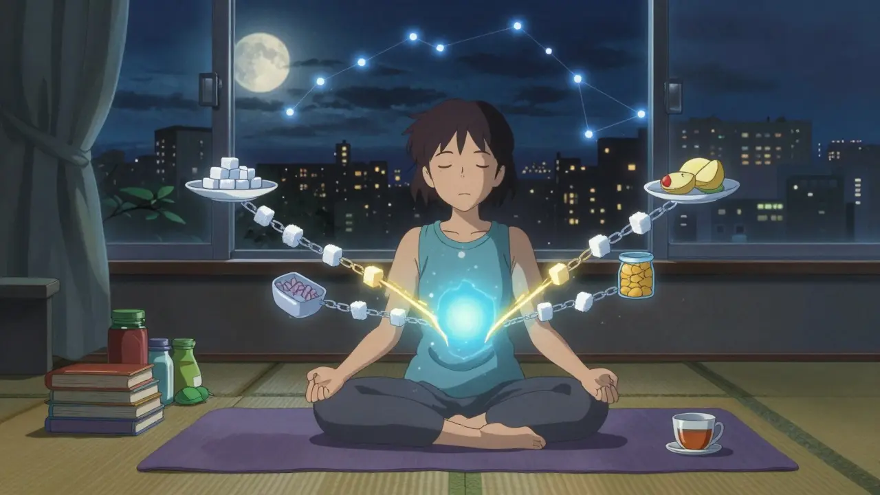 Femme méditant la nuit, une lumière douce dissolvant des symboles de sucre, entourée d’objets de bien-être sous la lune.