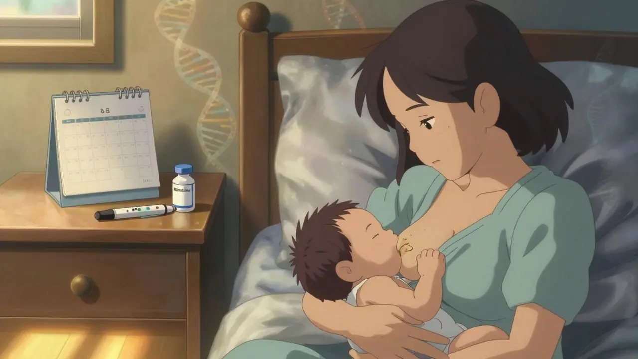 Mère allaitant son bébé au lever du jour, avec des médicaments posés à côté et des motifs génétiques subtils flottant autour de l'enfant.