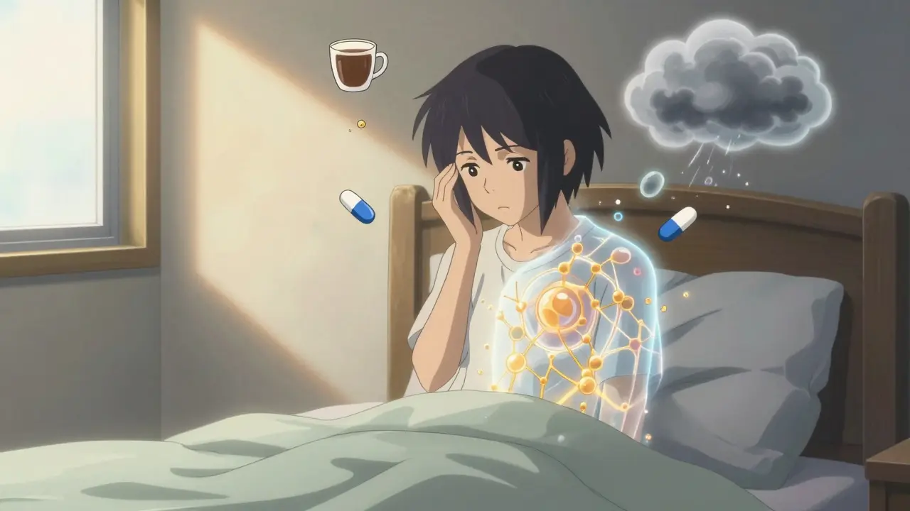 Patient entouré de déclencheurs invisibles, une structure dorée stabilise ses mastocytes dans une chambre ensoleillée.