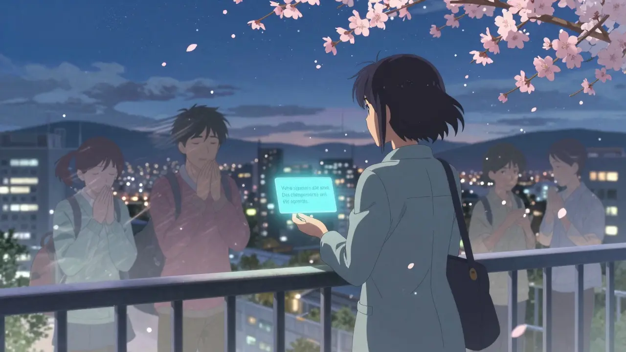 Patient sur un balcon de clinique au crépuscule, une notification lumineuse dans la main, des pétales de cerisier s'élèvent vers le ciel étoilé.