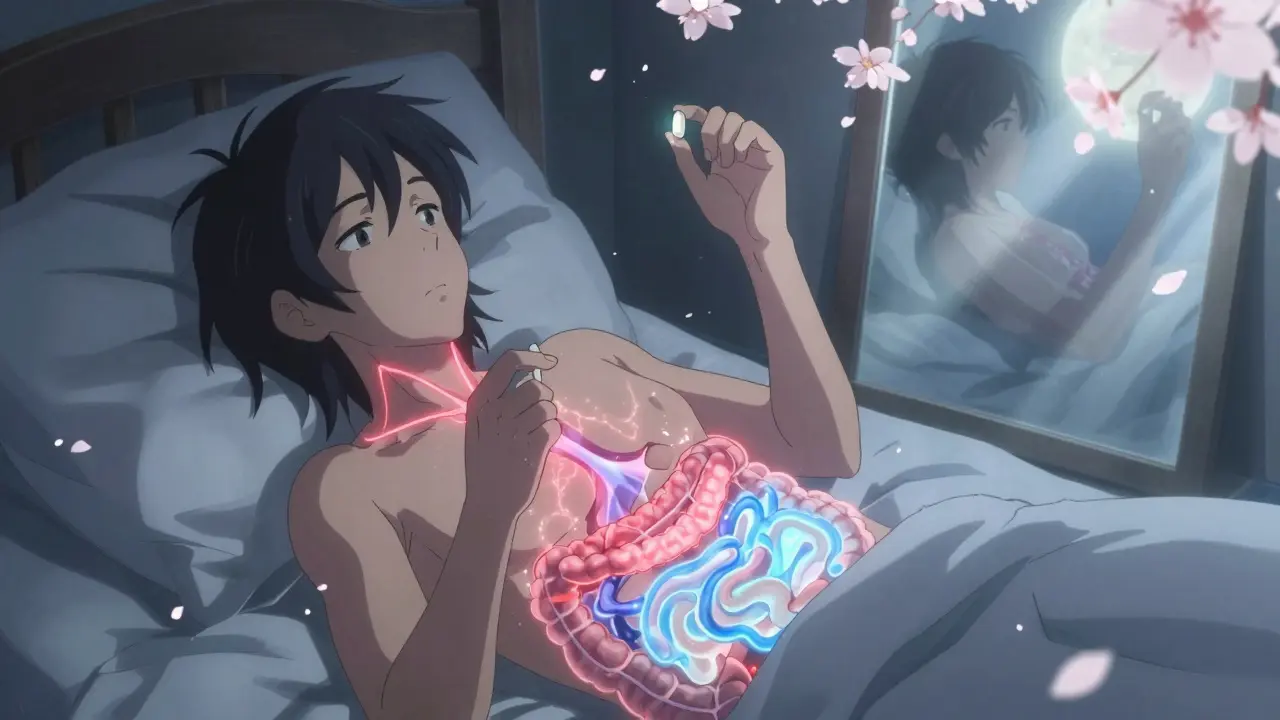 Personne au lit avec un comprimé de thyroïde et de calcium, des voies minérales en conflit dans son corps.