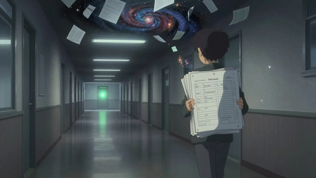 Personne marchant dans un couloir administratif infini, portant un dossier médical sous un ciel étoilé de documents.