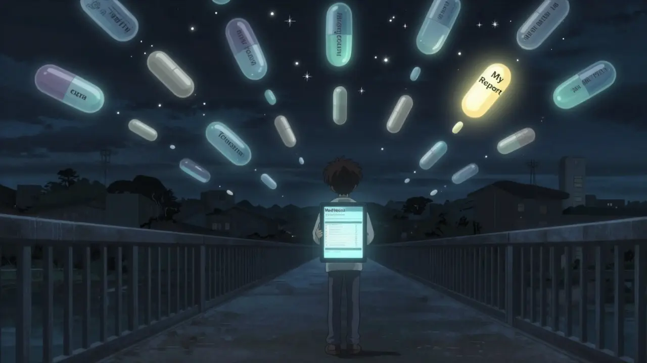 Personne sur un pont la nuit, tenant une tablette MedWatch, des comprimés flottants se transforment en lumières étoilées.