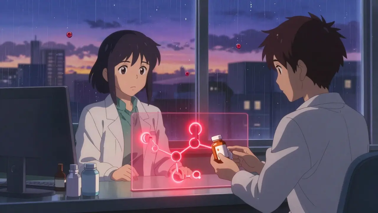 Pharmacie au crépuscule où un antibiotique et du calcium se repoussent par une barrière énergétique.