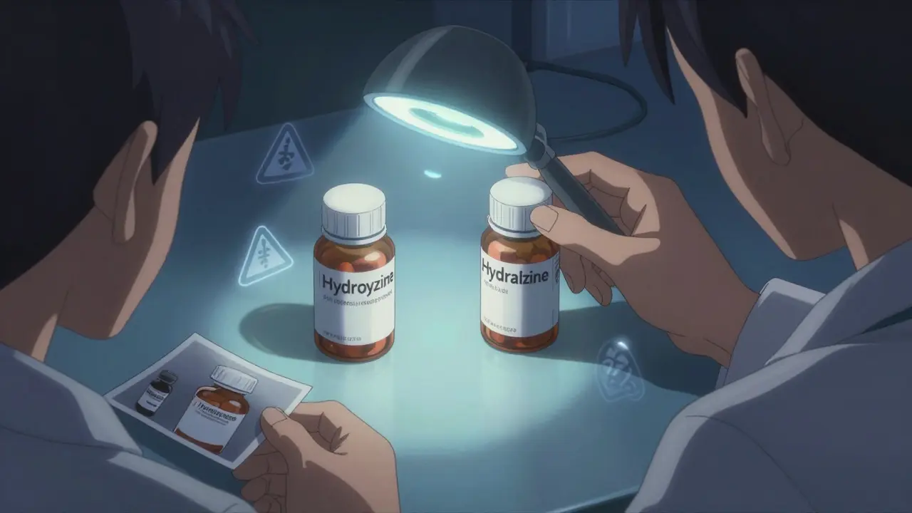 Pharmacien comparant deux flacons de médicaments similaires sous une lampe, des symboles d'avertissement flottent en arrière-plan.