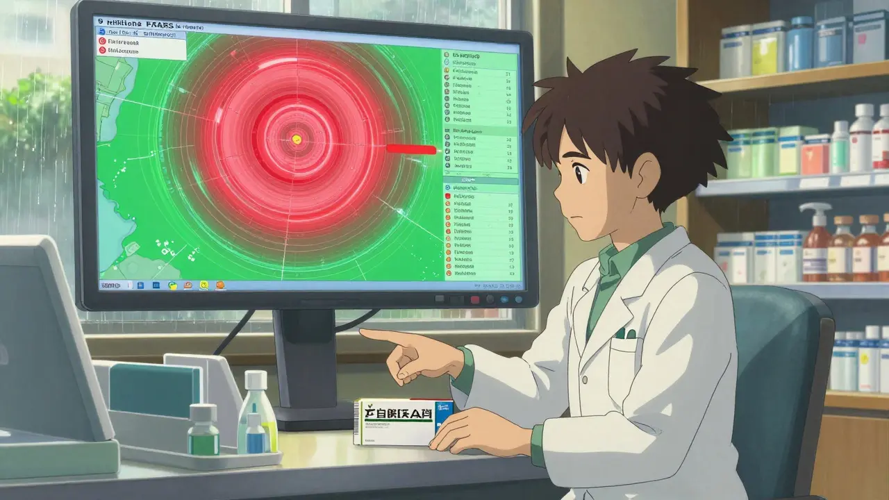 Pharmacien montrant le nom du fabricant sur un emballage de médicament générique, écran numérique affichant des rapports de sécurité.