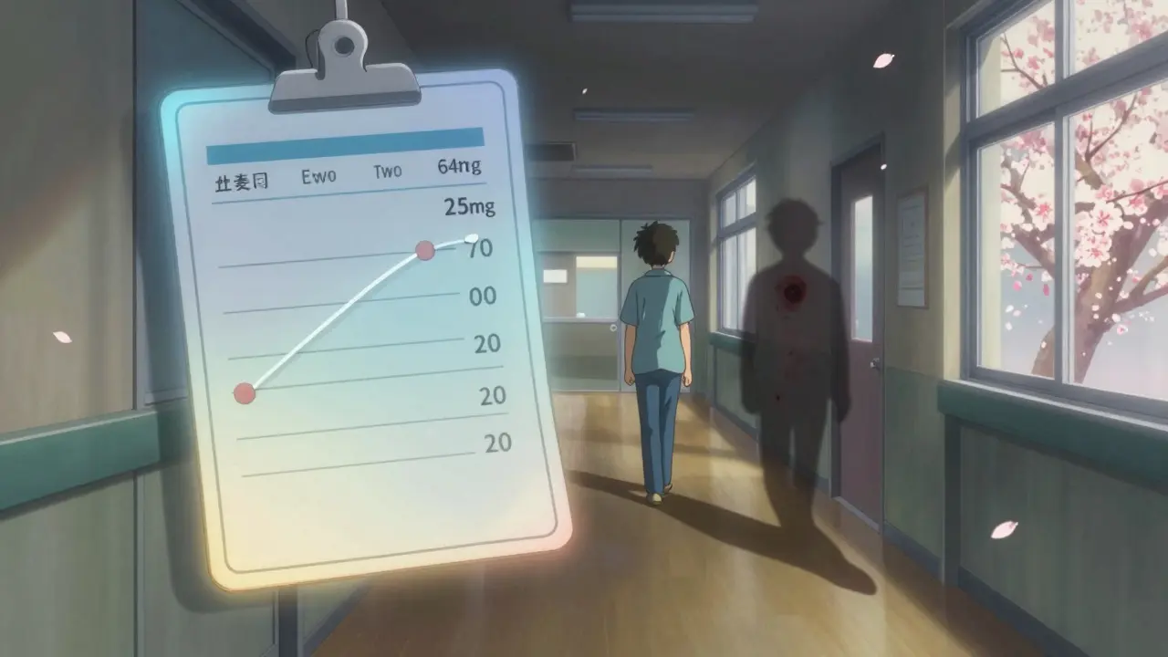 Plan médical flottant avec horaire de posologie lent, adolescent marchant dans un couloir hospitalier sous des pétales de cerisier.