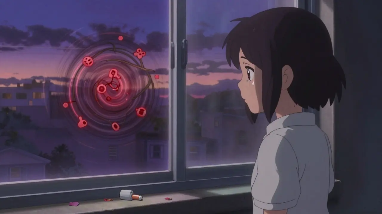 Reflet d'une adolescente montrant une éruption cutanée en forme de tempête, pétales et pilule abandonnée sur le rebord de la fenêtre.