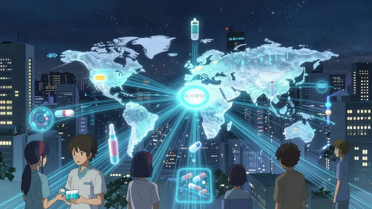 Réseau mondial de villes connectées par des flux de données vers le standard ICH M10, avec des patients recevant des médicaments.