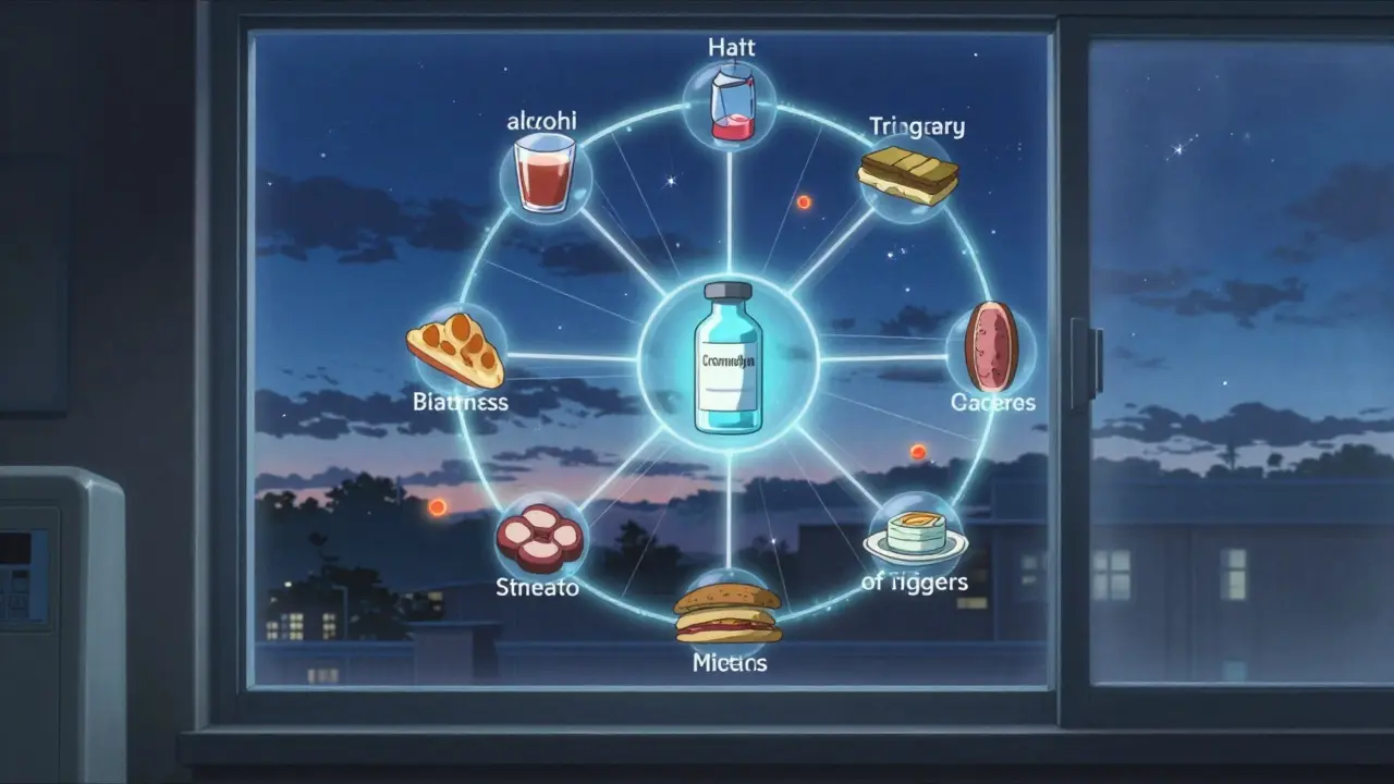 Roue des déclencheurs flottante avec des fils lumineux reliant des mastocytes, un flacon de cromolyn au centre au coucher du soleil.