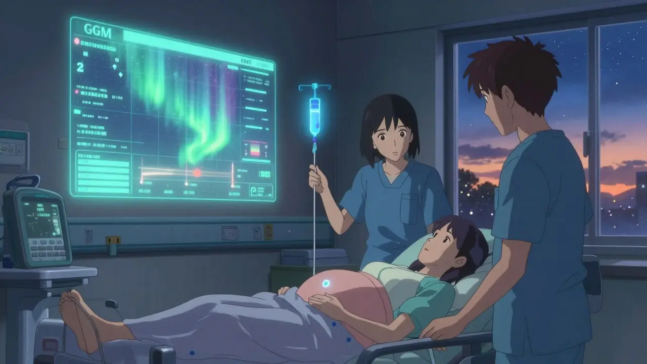 Salle d'accouchement au crépuscule, avec un écran CGM lumineux et une perfusion d'insuline, sous un ciel étoilé.