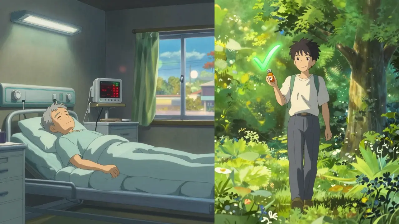 Scène divisée : à gauche, un hôpital sombre avec un patient inconscient ; à droite, le même patient marche paisiblement dans un parc au lever du soleil.
